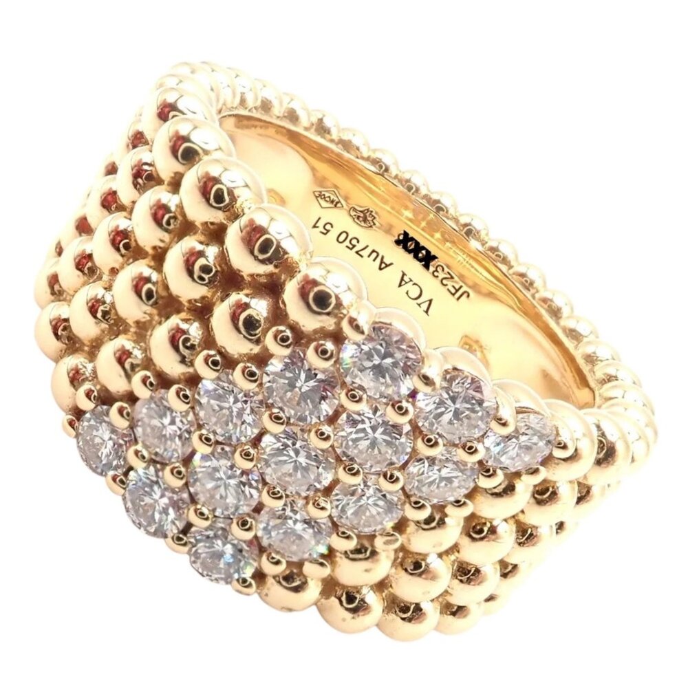 Van Cleef & Arpels 18k Yellow Gold Perlee Diamond 5 Row Band Ring Size 5.75 Cert